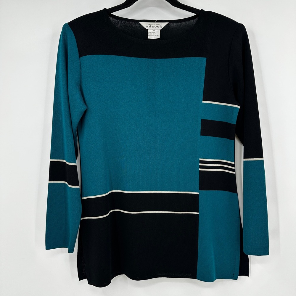 Exclusively Misook XS Teal Black Colorblock Geometric Art Deco Long‎ Sleeve Top